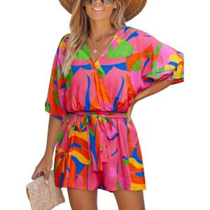 CUPSHE Women’s Mini Romper Summer Beach Vacation Loose Fit Half Sleeve V Neck Resort Wear Tropical Holiday Short Jumpsuit(Red Pattern)