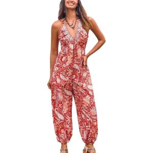 CUPSHE Women’s Plunge Halter Sleeveless Pleated Long Romper Knit Jogger Maxi Jumpsuit with Pockets(Red Paisley)