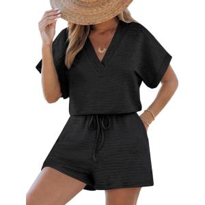 CUPSHE Women’s Romper Knit V Neck Short Sleeves Drawstring Waist Straight leg Outfit Casual Dressy(Black)