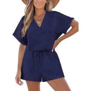 CUPSHE Women’s Romper Knit V Neck Short Sleeves Drawstring Waist Straight leg Outfit Casual Dressy(Navy Blue)