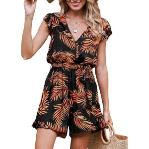 CUPSHE Women’s Romper Tropical Flutter Sleeve Boho Overall V Neck Wide Leg Outfit Casual Beach(Black/Orange Leaves)