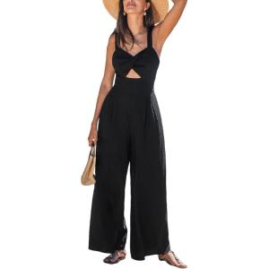 CUPSHE Women’s Romper V Neck Cami Keyhole Straight leg Jumpsuit Wide leg Outfit Casual Dressy(Black)
