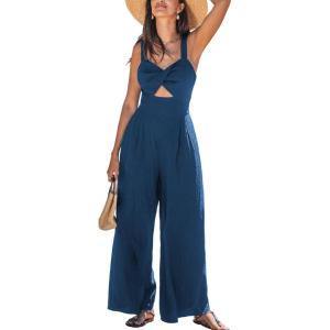 CUPSHE Women’s Romper V Neck Cami Keyhole Straight leg Jumpsuit Wide leg Outfit Casual Dressy(Blue Navy)