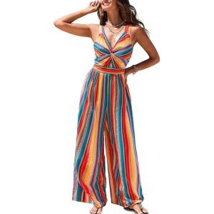 CUPSHE Women’s Romper V Neck Cami Keyhole Straight leg Jumpsuit Wide leg Outfit Casual Dressy(Colorful)