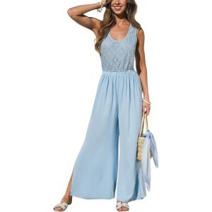 CUPSHE Women’s Sleeveless Jumpsuit Summer Wide Leg One Piece Romper Casual Elegant Outfit for Beach Party Travel Outfits(Blue)