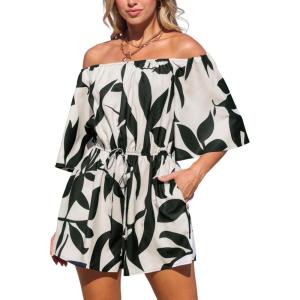 CUPSHE Women’s Summer Casual 3/4 Sleeve Romper Wide Leg Floral Tropical Off Shoulder Elastic Waist Jumpsuit with Pockets(Black)