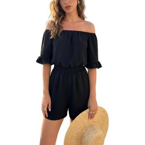 CUPSHE Women’s Summer Casual 3/4 Sleeve Romper Wide Leg Floral Tropical Off Shoulder Elastic Waist Jumpsuit with Pockets(Black Soild)
