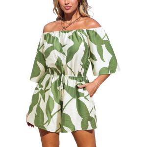 CUPSHE Women’s Summer Casual 3/4 Sleeve Romper Wide Leg Floral Tropical Off Shoulder Elastic Waist Jumpsuit with Pockets(Green)