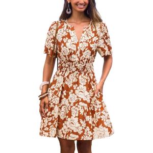 CUPSHE Womens Summer Dresses 2025 V Neck Short Sleeve Flowy A-line Beach Vacation Dress with Pockets(Red Floral)