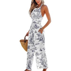 CUPSHE Womens Summer Jumpsuit Halter Casual Dressy Sleeveless One Piece Outfit Pockets Wide leg Pants Romper(Black Printed)