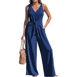 CUPSHE Women’s Summer Jumpsuits Sleeveless Tie Knot Wide Leg Long Pants Romper with Pockets(Blue)