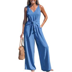 CUPSHE Women’s Summer Jumpsuits Sleeveless Tie Knot Wide Leg Long Pants Romper with Pockets(Light Blue)