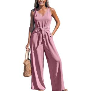CUPSHE Women’s Summer Jumpsuits Sleeveless Tie Knot Wide Leg Long Pants Romper with Pockets(Pink)