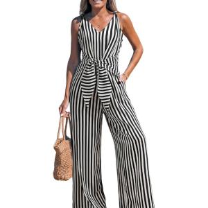 CUPSHE Women’s Summer Jumpsuits Sleeveless Tie Knot Wide Leg Long Pants Romper with Pockets(Stripe Black)