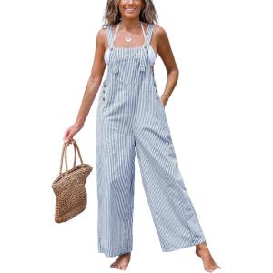 CUPSHE Women’s Summer Jumpsuits Striped Wide Leg Overall Casual Straps Button Loose Maxi Rompers with Pockets(Navy Striped)