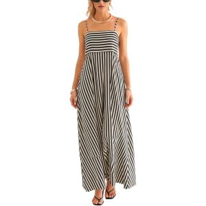 CUPSHE Womens Summer Maxi Dress Casual Sleeveless Square Neck Striped Beach Long Dress with Pockets(Black)