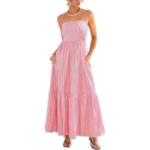 CUPSHE Womens Summer Maxi Dress Casual Sleeveless Square Neck Striped Beach Long Dress with Pockets(Pink)
