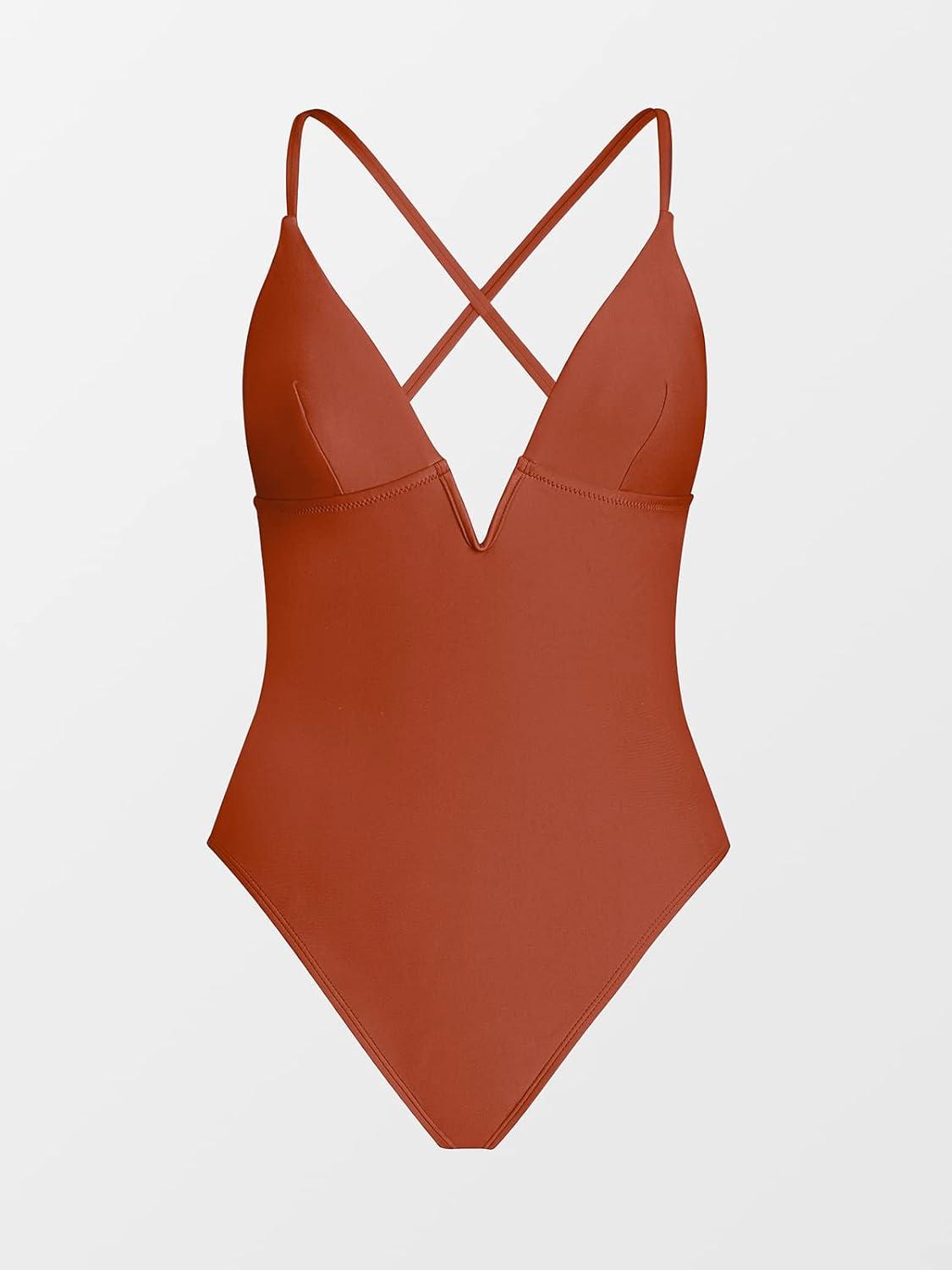 imageCUPSHE Women Swimsuit One Piece Bathing Suit Deep V Neck Crisscross Back Adjustable StrapBrick Red