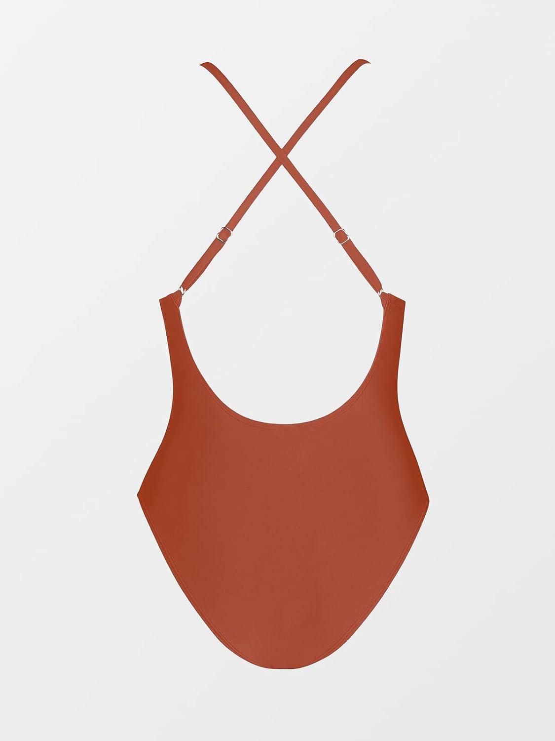 imageCUPSHE Women Swimsuit One Piece Bathing Suit Deep V Neck Crisscross Back Adjustable StrapBrick Red