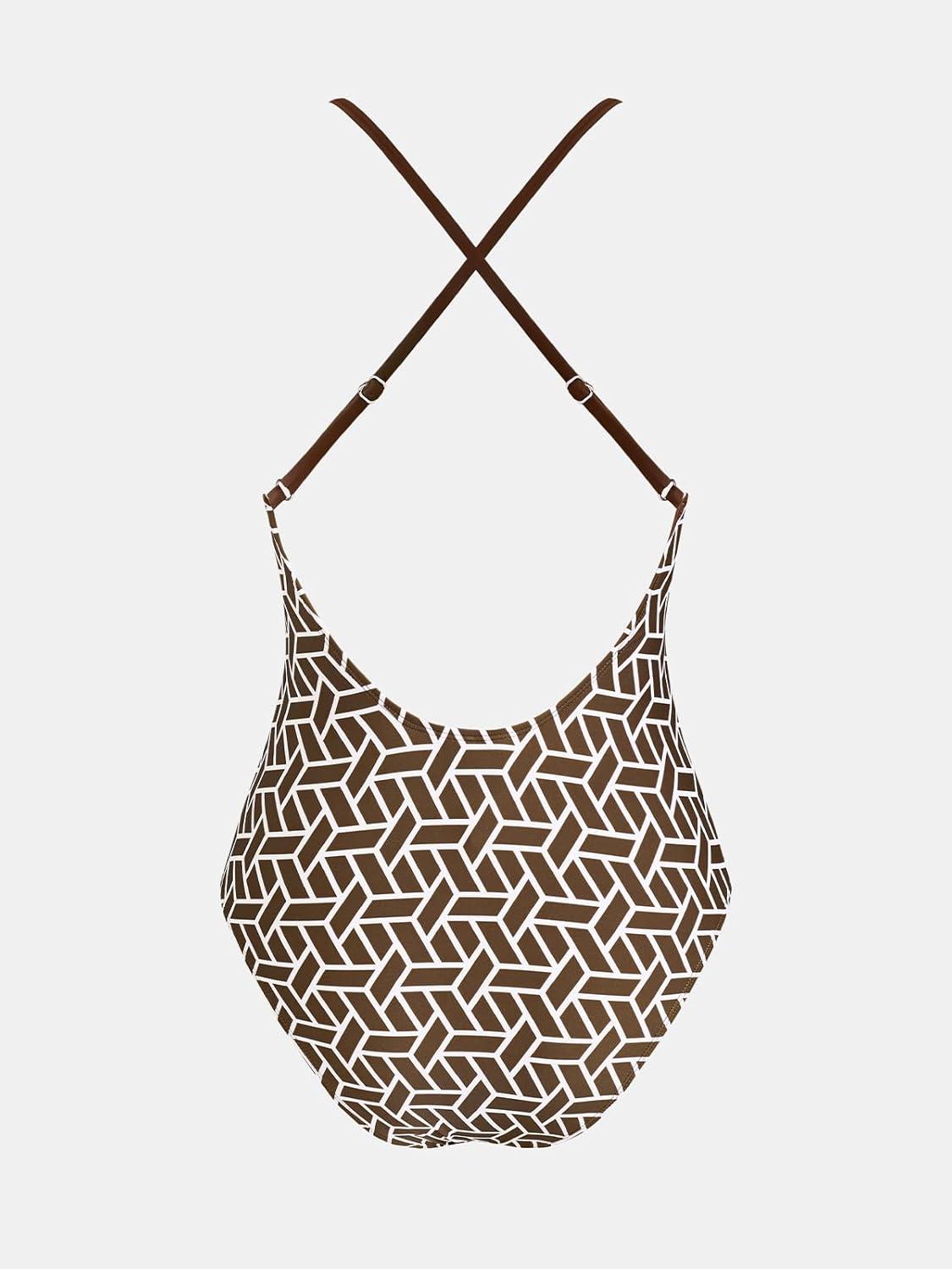 imageCUPSHE Women Swimsuit One Piece Bathing Suit Deep V Neck Crisscross Back Adjustable StrapBrown Geo