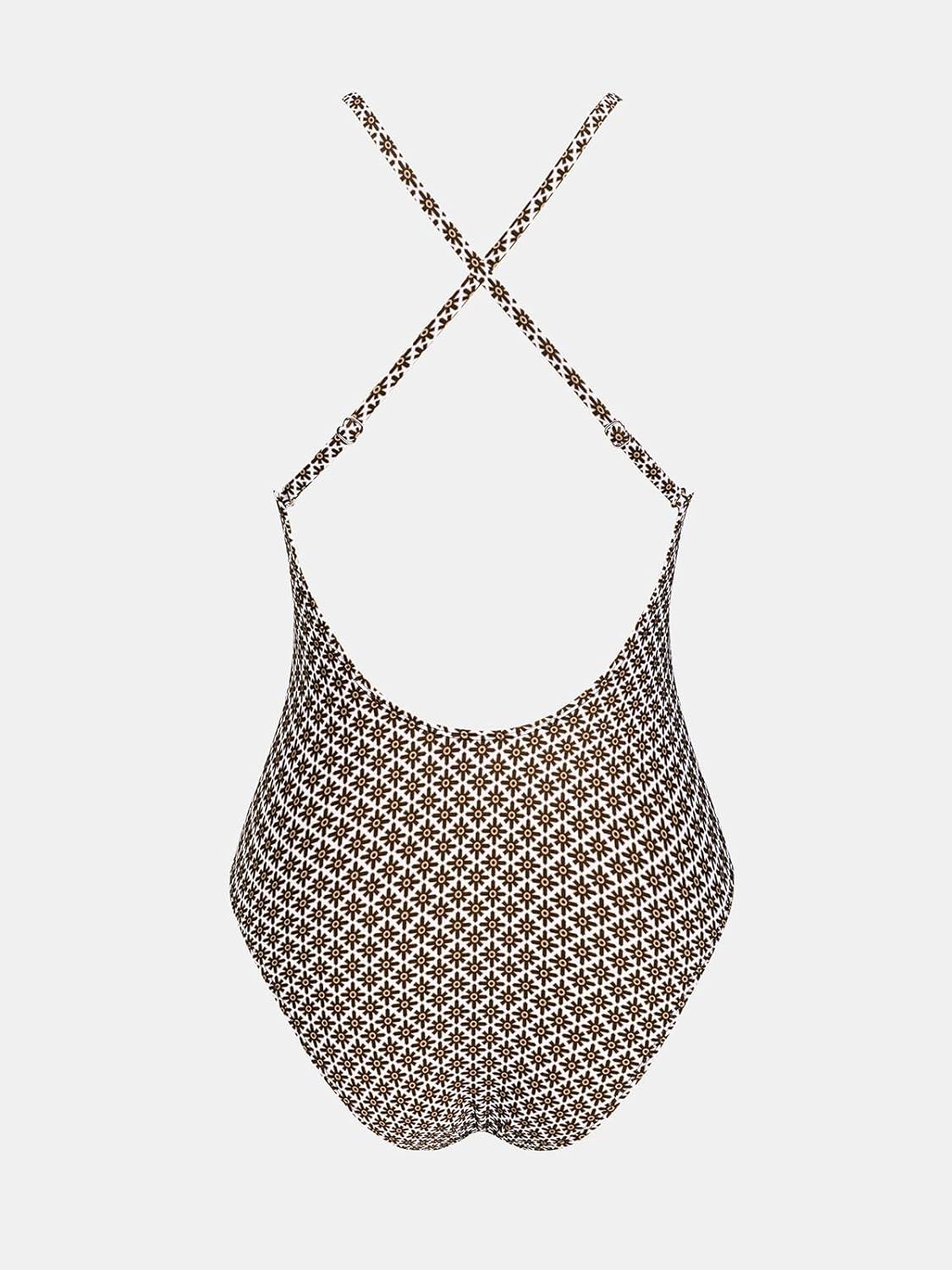 imageCUPSHE Women Swimsuit One Piece Bathing Suit Deep V Neck Crisscross Back Adjustable StrapBrownGeo