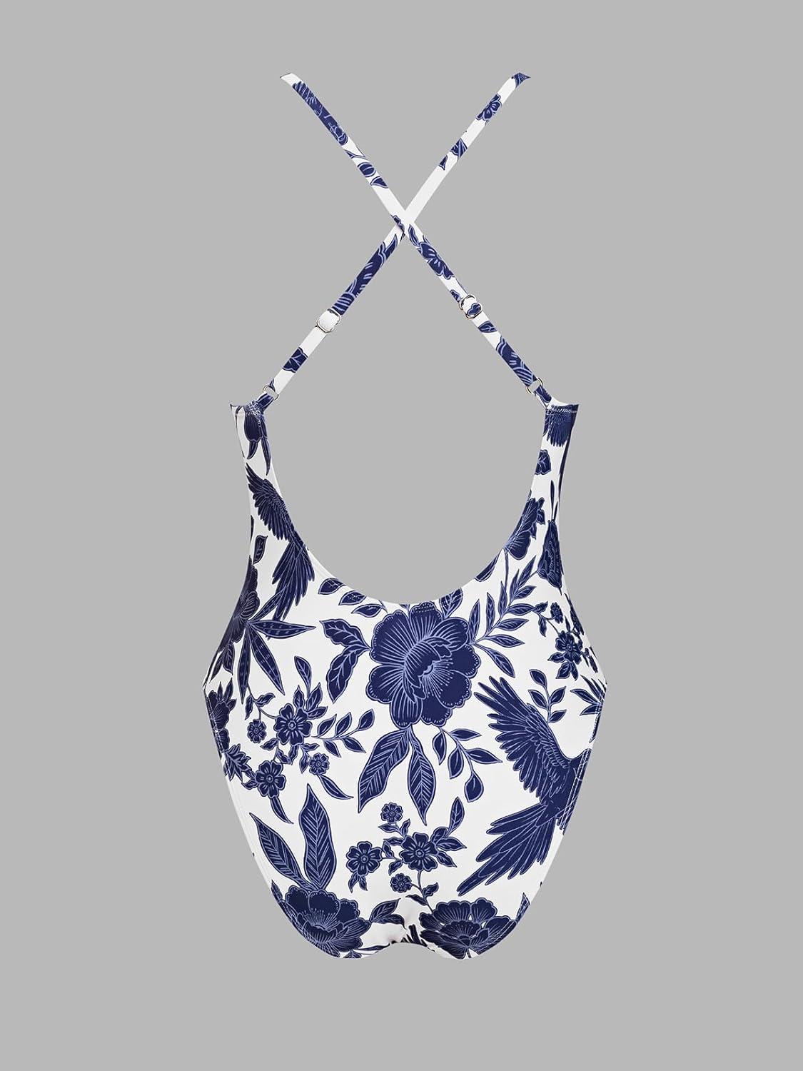imageCUPSHE Women Swimsuit One Piece Bathing Suit Deep V Neck Crisscross Back Adjustable StrapNavy Floral