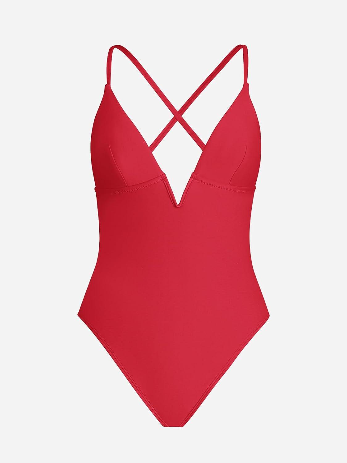 imageCUPSHE Women Swimsuit One Piece Bathing Suit Deep V Neck Crisscross Back Adjustable StrapTomato Red