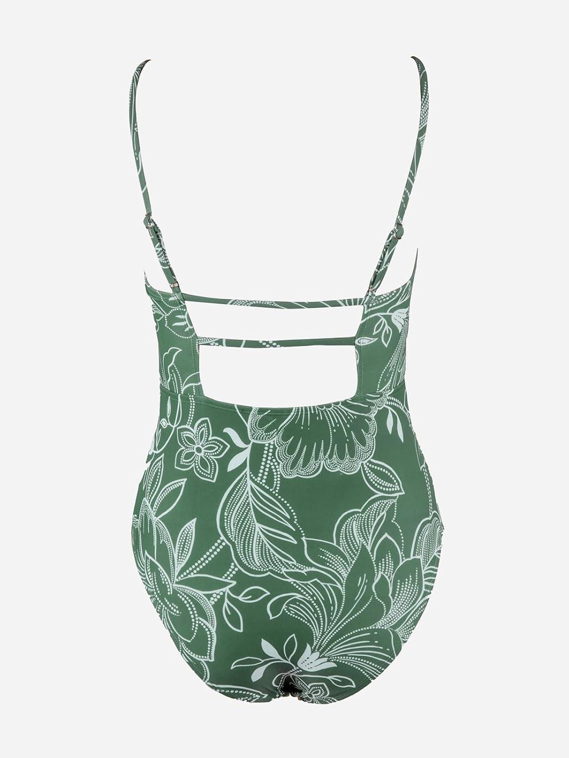 imageCUPSHE Women Swimsuit One Piece Bathing Suit Square Neck Cutout Back Tummy Control with Adjustable Spaghetti StrapsGreen Floral