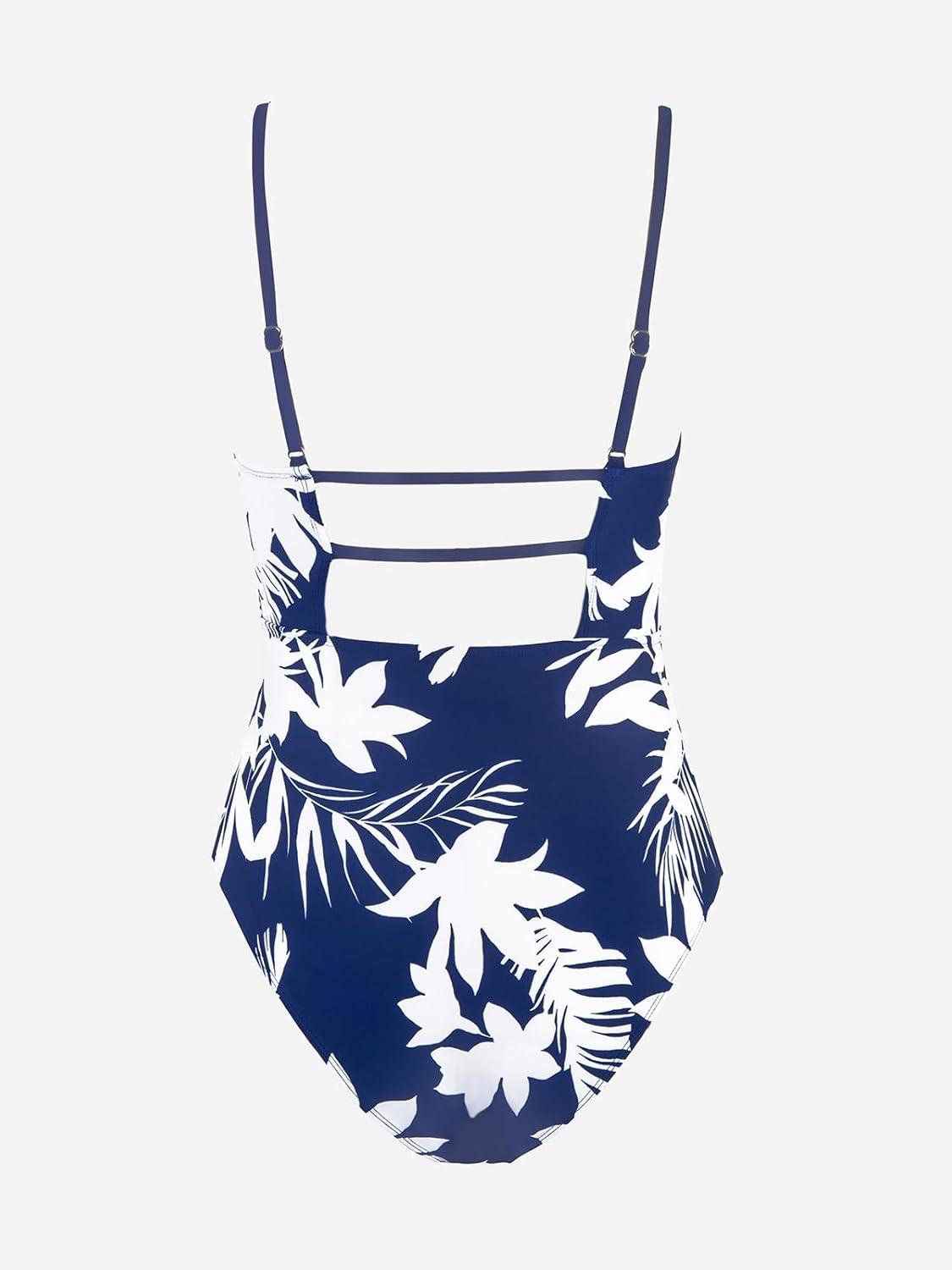 imageCUPSHE Women Swimsuit One Piece Bathing Suit Square Neck Cutout Back Tummy Control with Adjustable Spaghetti StrapsNavy Blue