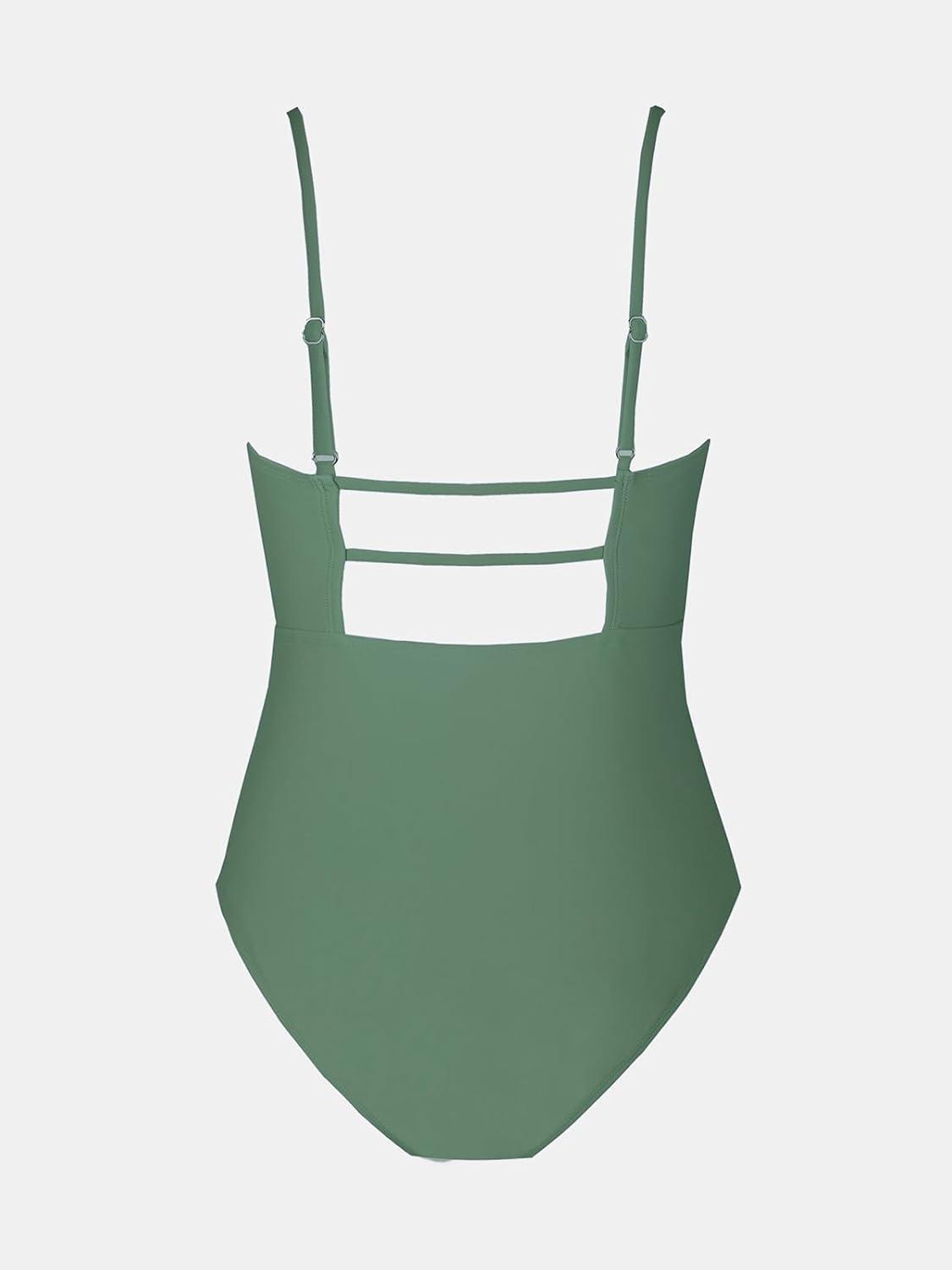 imageCUPSHE Women Swimsuit One Piece Bathing Suit Square Neck Cutout Back Tummy Control with Adjustable Spaghetti StrapsSage Green