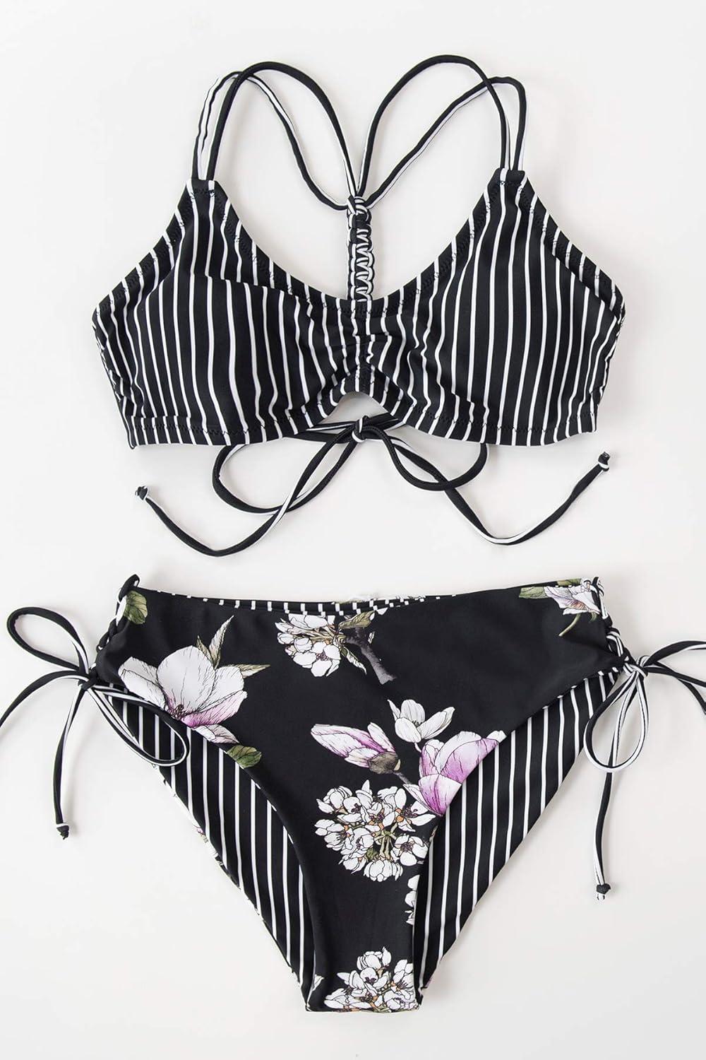 imageCUPSHE Womens 2 Piece Bikini Set Back Braided Straps with Reversible BottomBlackWhite
