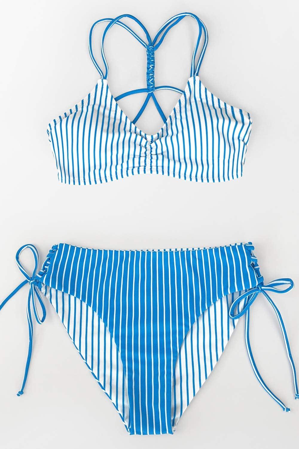 imageCUPSHE Womens 2 Piece Bikini Set Back Braided Straps with Reversible BottomBlue Vertical Stripes