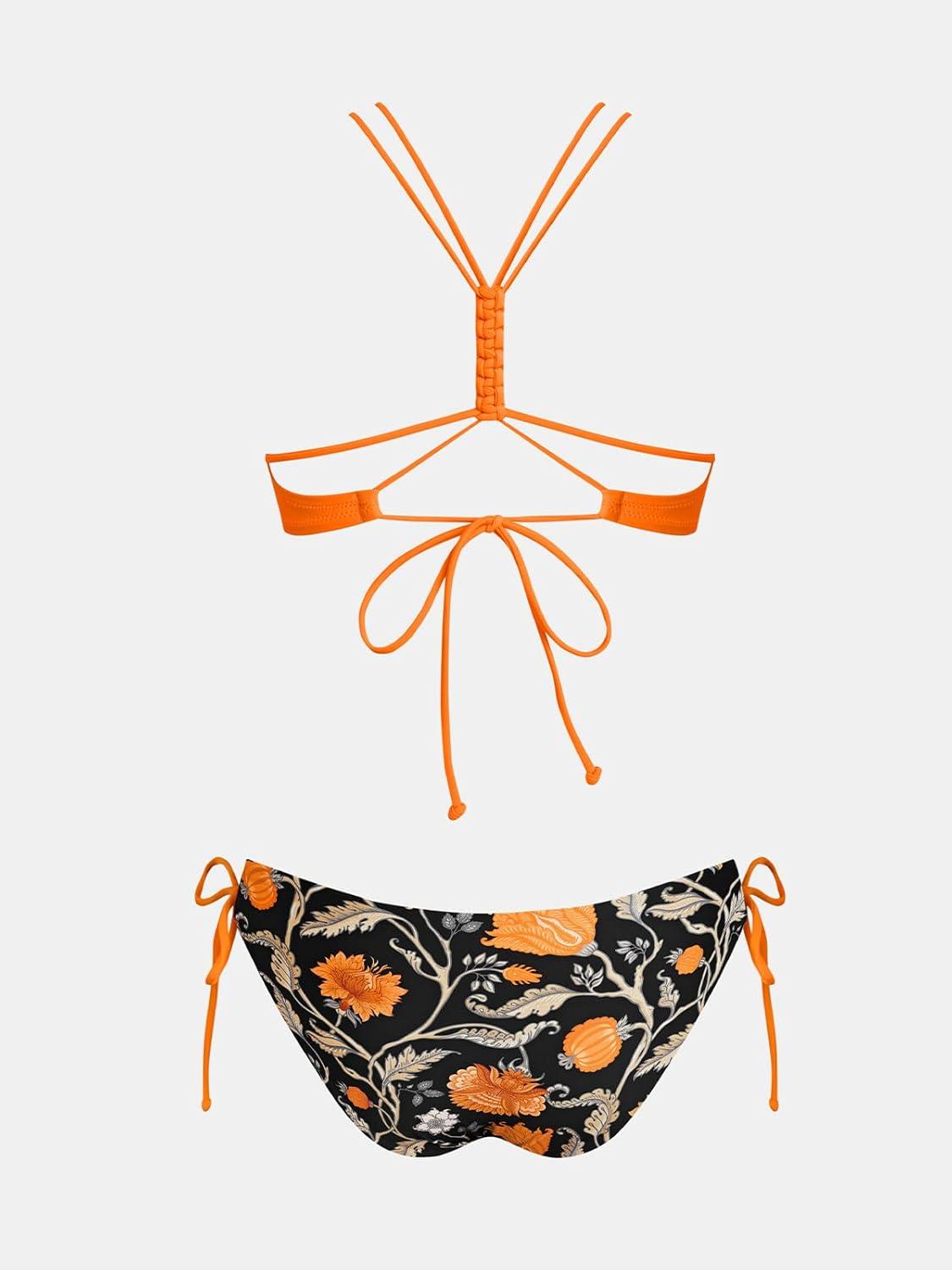 imageCUPSHE Womens 2 Piece Bikini Set Back Braided Straps with Reversible BottomBright OrangeFloral