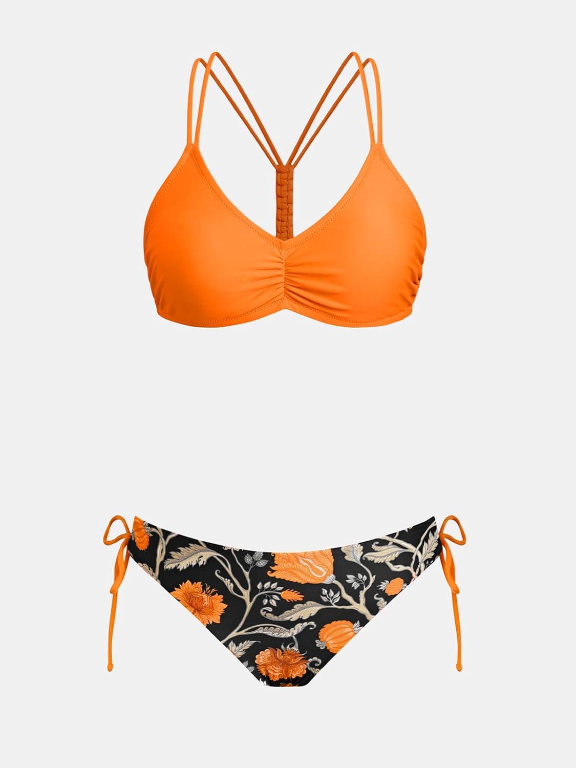 imageCUPSHE Womens 2 Piece Bikini Set Back Braided Straps with Reversible BottomBright OrangeFloral