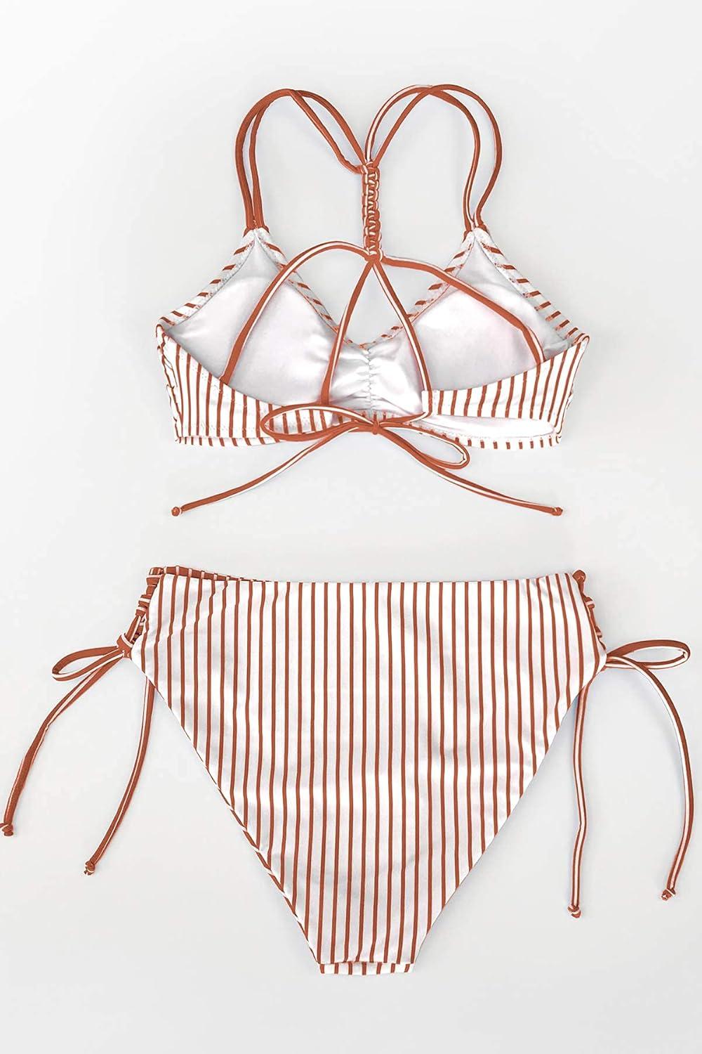 imageCUPSHE Womens 2 Piece Bikini Set Back Braided Straps with Reversible BottomBrown Stripe