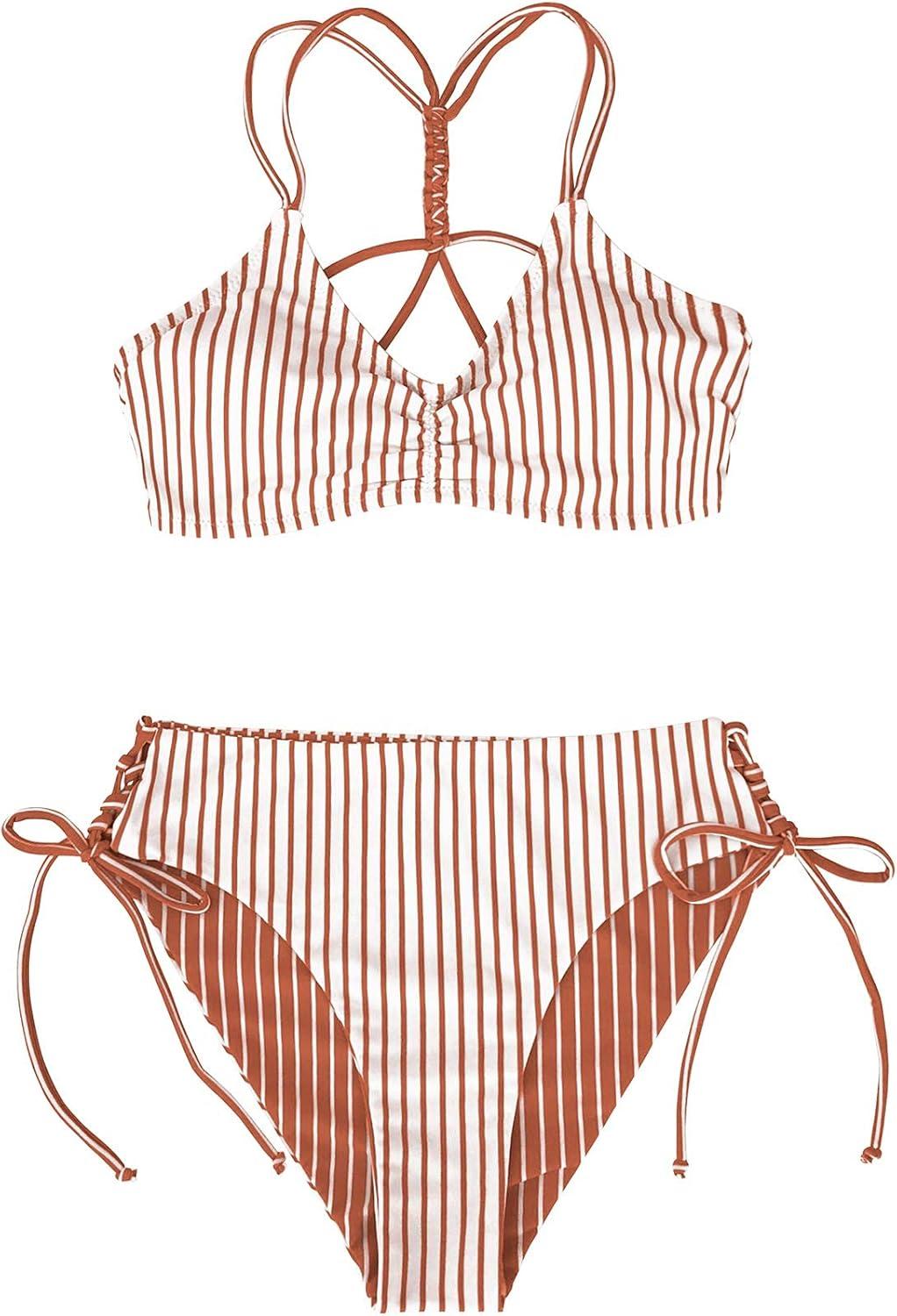 imageCUPSHE Womens 2 Piece Bikini Set Back Braided Straps with Reversible BottomBrown Stripe