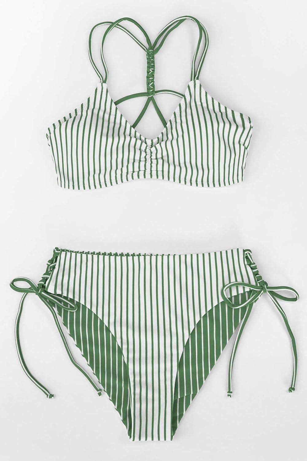 imageCUPSHE Womens 2 Piece Bikini Set Back Braided Straps with Reversible BottomGreen Vertical Stripes