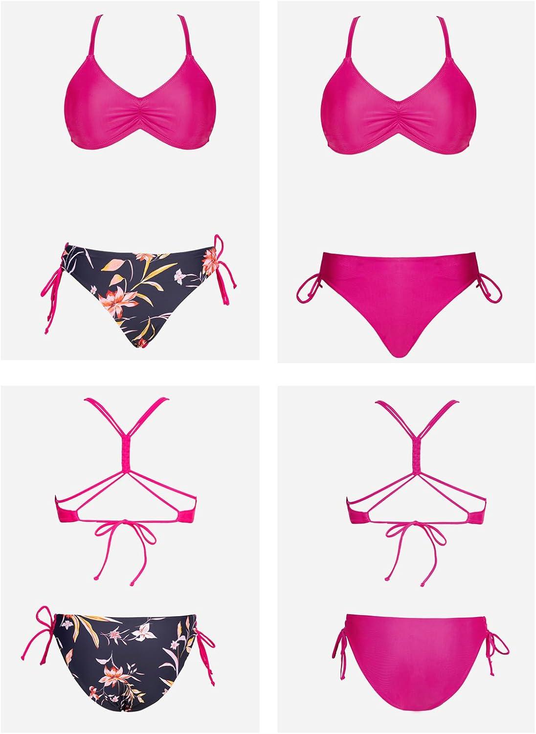imageCUPSHE Womens 2 Piece Bikini Set Back Braided Straps with Reversible BottomMagentaRed Floral