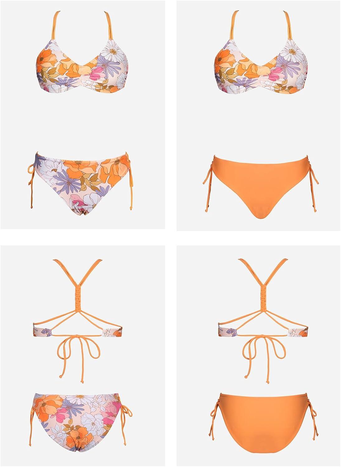 imageCUPSHE Womens 2 Piece Bikini Set Back Braided Straps with Reversible BottomMarigold OrangePink
