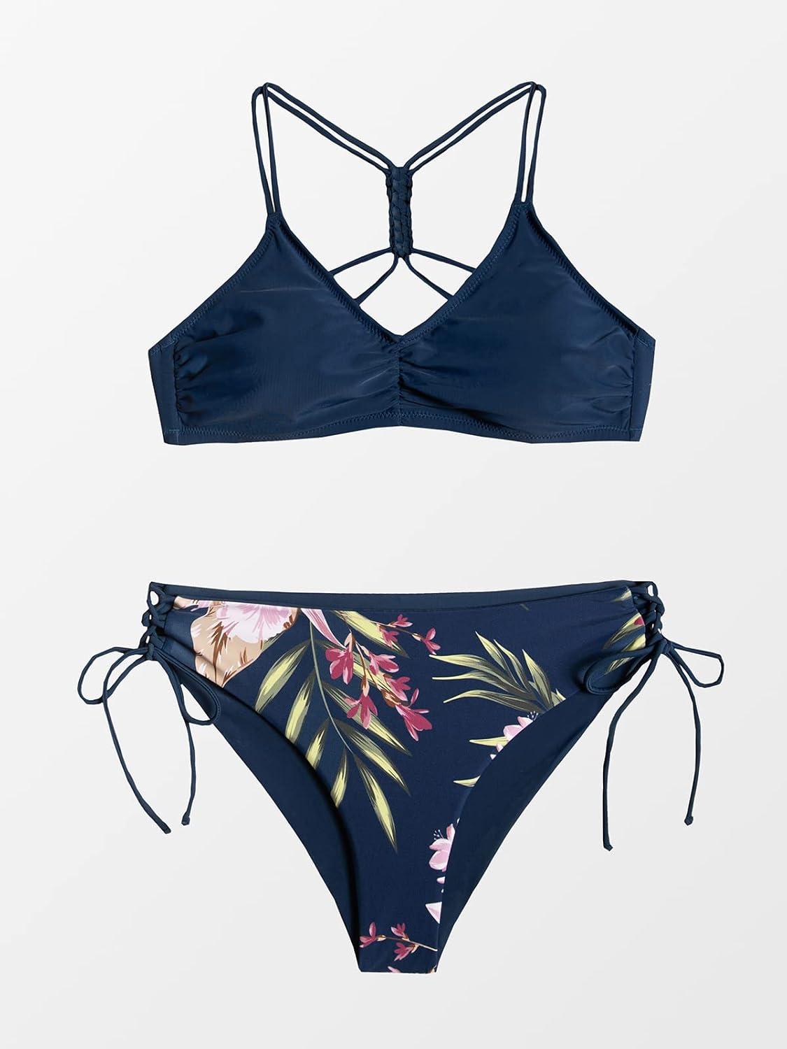imageCUPSHE Womens 2 Piece Bikini Set Back Braided Straps with Reversible BottomNavy BlueFlower