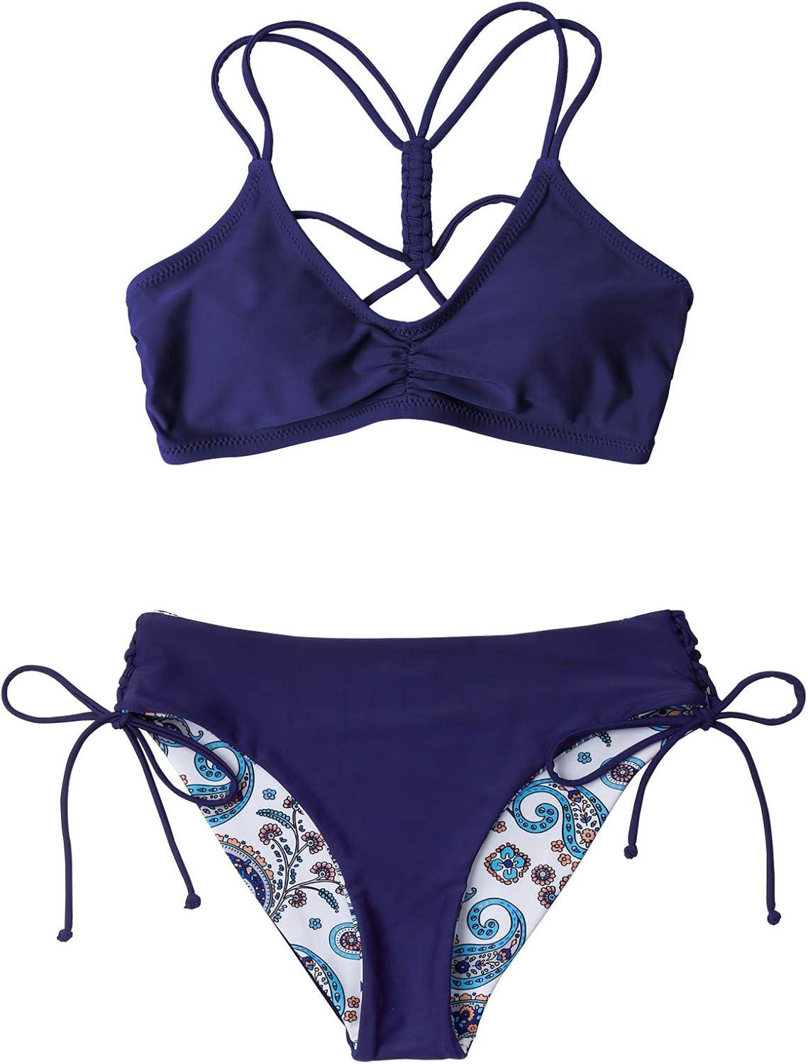imageCUPSHE Womens 2 Piece Bikini Set Back Braided Straps with Reversible BottomNavyFloral