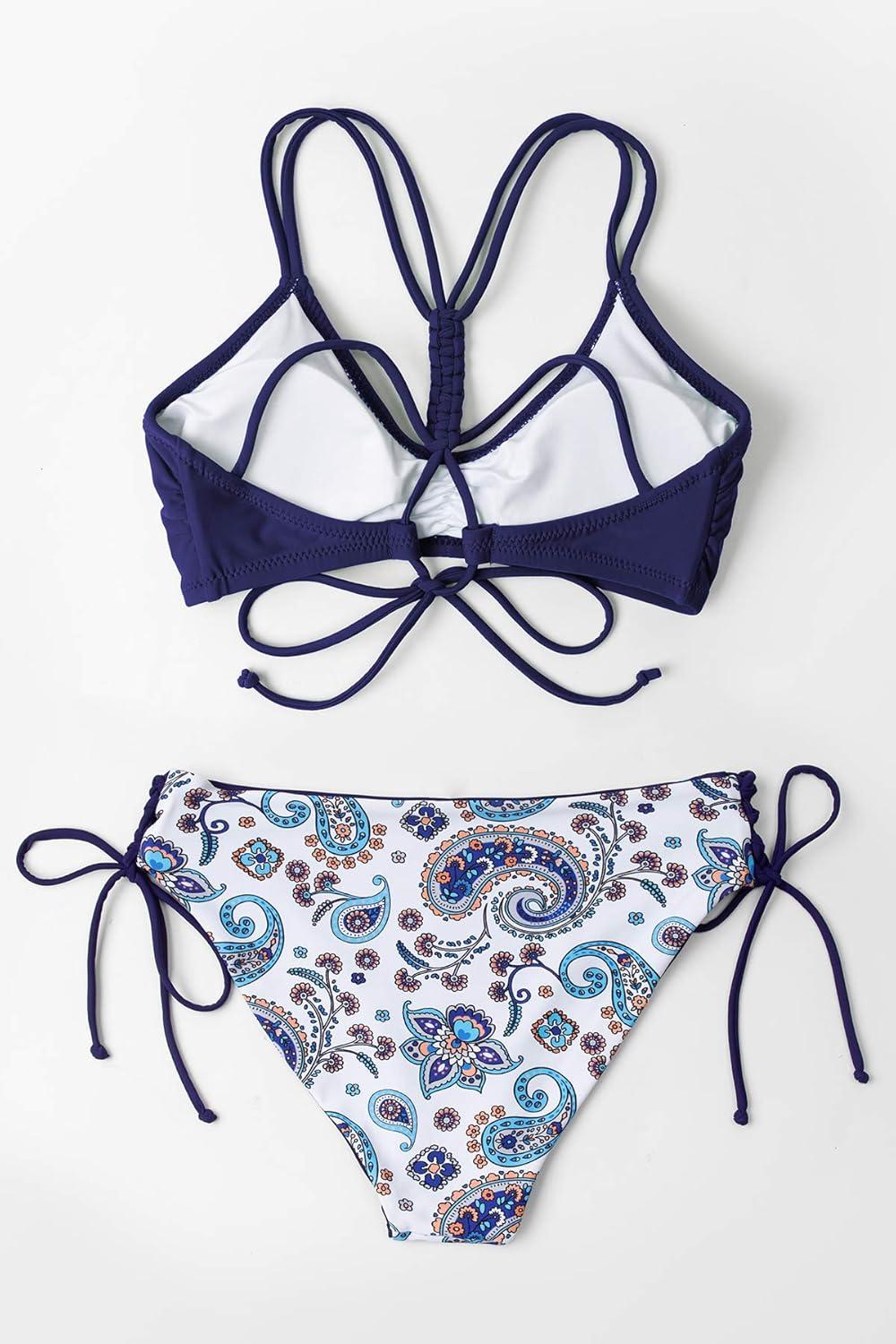 imageCUPSHE Womens 2 Piece Bikini Set Back Braided Straps with Reversible BottomNavyFloral