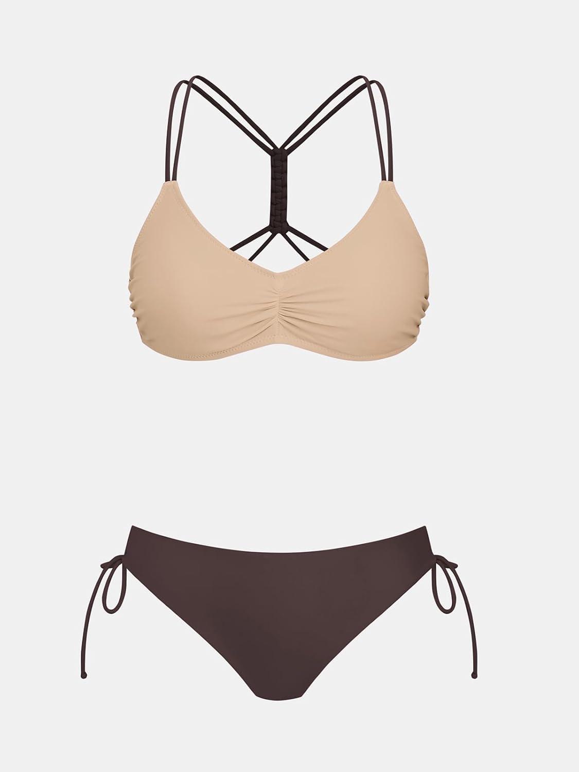 imageCUPSHE Womens 2 Piece Bikini Set Back Braided Straps with Reversible BottomSandCoffee Brown