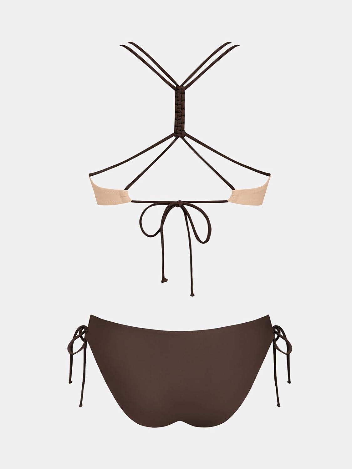imageCUPSHE Womens 2 Piece Bikini Set Back Braided Straps with Reversible BottomSandCoffee Brown