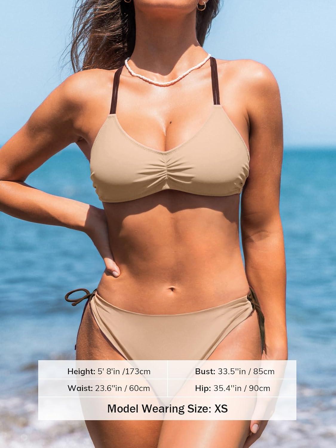 imageCUPSHE Womens 2 Piece Bikini Set Back Braided Straps with Reversible BottomSandCoffee Brown