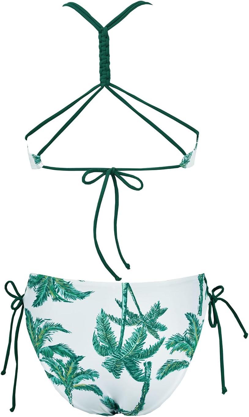 imageCUPSHE Womens 2 Piece Bikini Set Back Braided Straps with Reversible BottomWhiteGreen Tropical