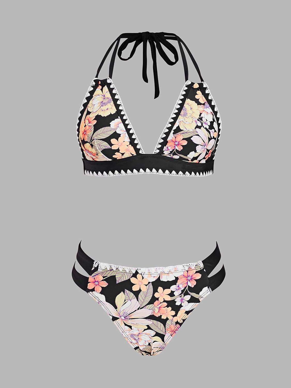 imageCUPSHE Womens Bikini Sets Two Piece Swimsuit Halter V Neck Back Hook Cutout Stitching Cheeky BottomBlackPink Floral