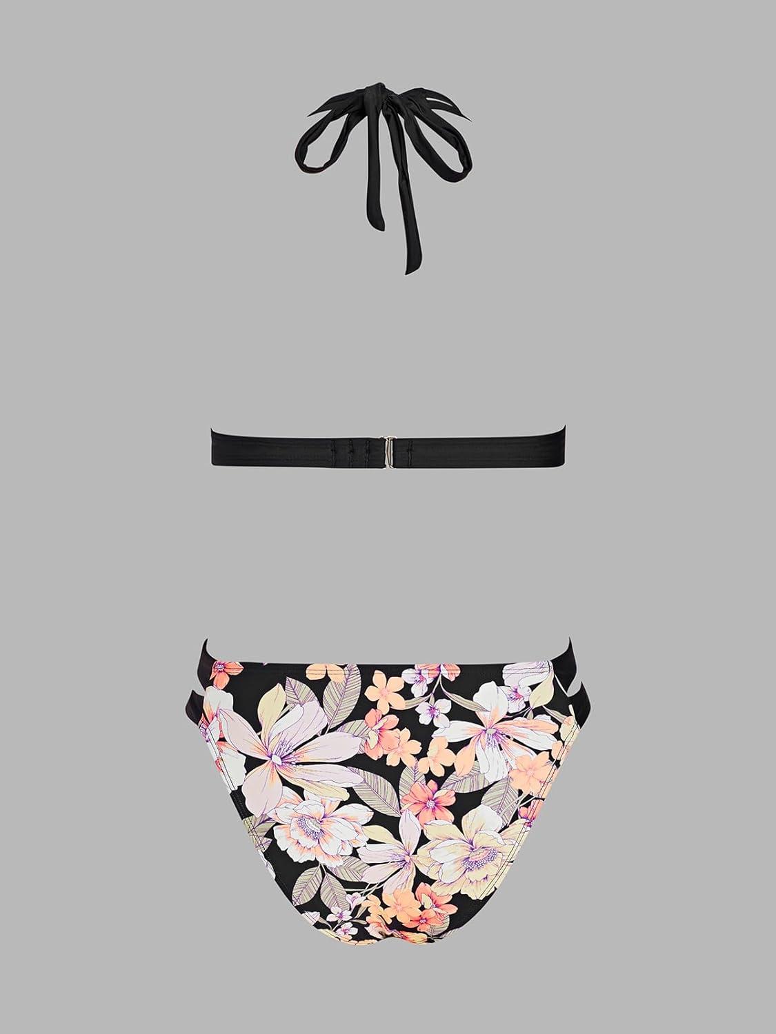 imageCUPSHE Womens Bikini Sets Two Piece Swimsuit Halter V Neck Back Hook Cutout Stitching Cheeky BottomBlackPink Floral