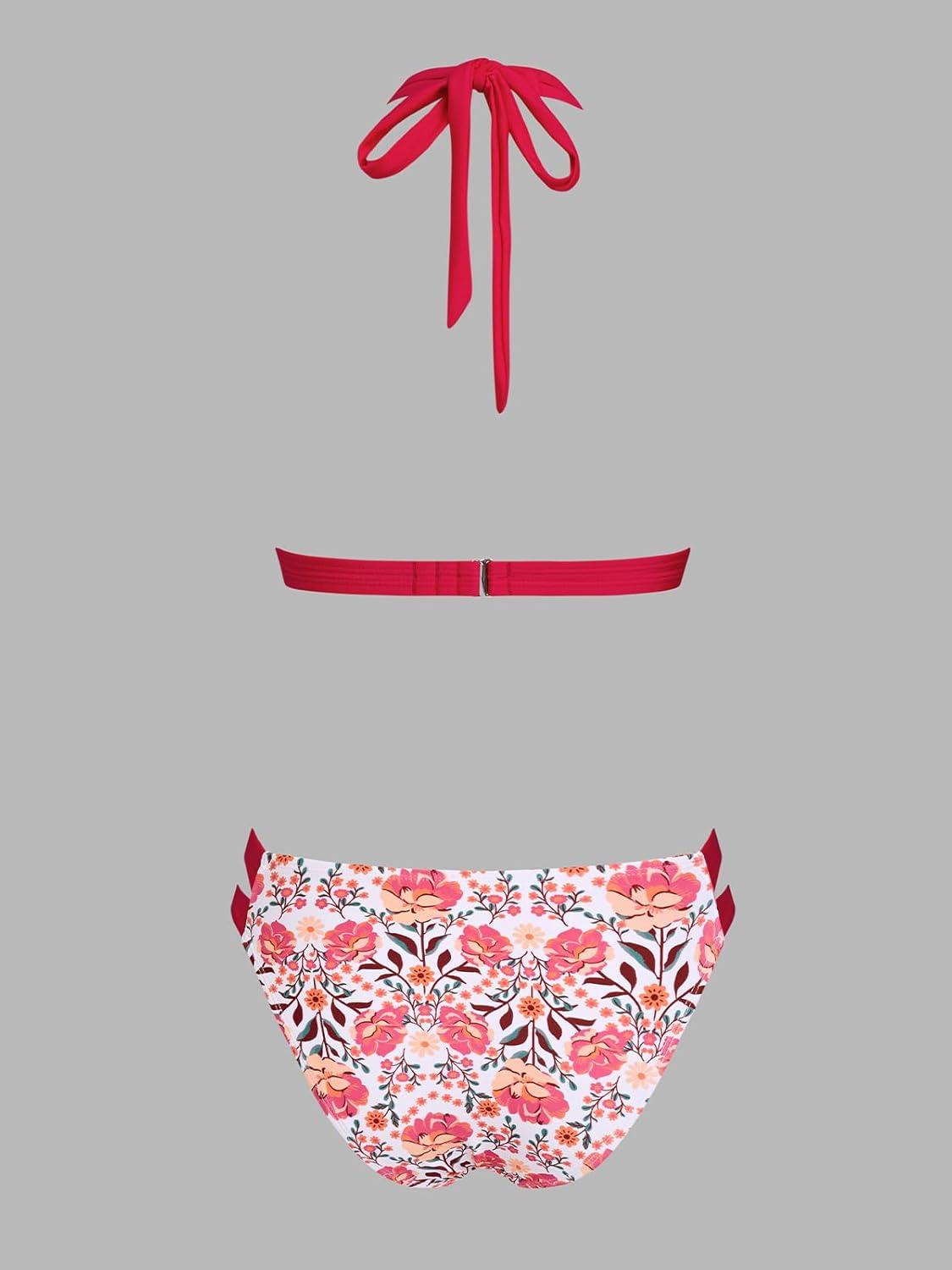 imageCUPSHE Womens Bikini Sets Two Piece Swimsuit Halter V Neck Back Hook Cutout Stitching Cheeky BottomRed Floral