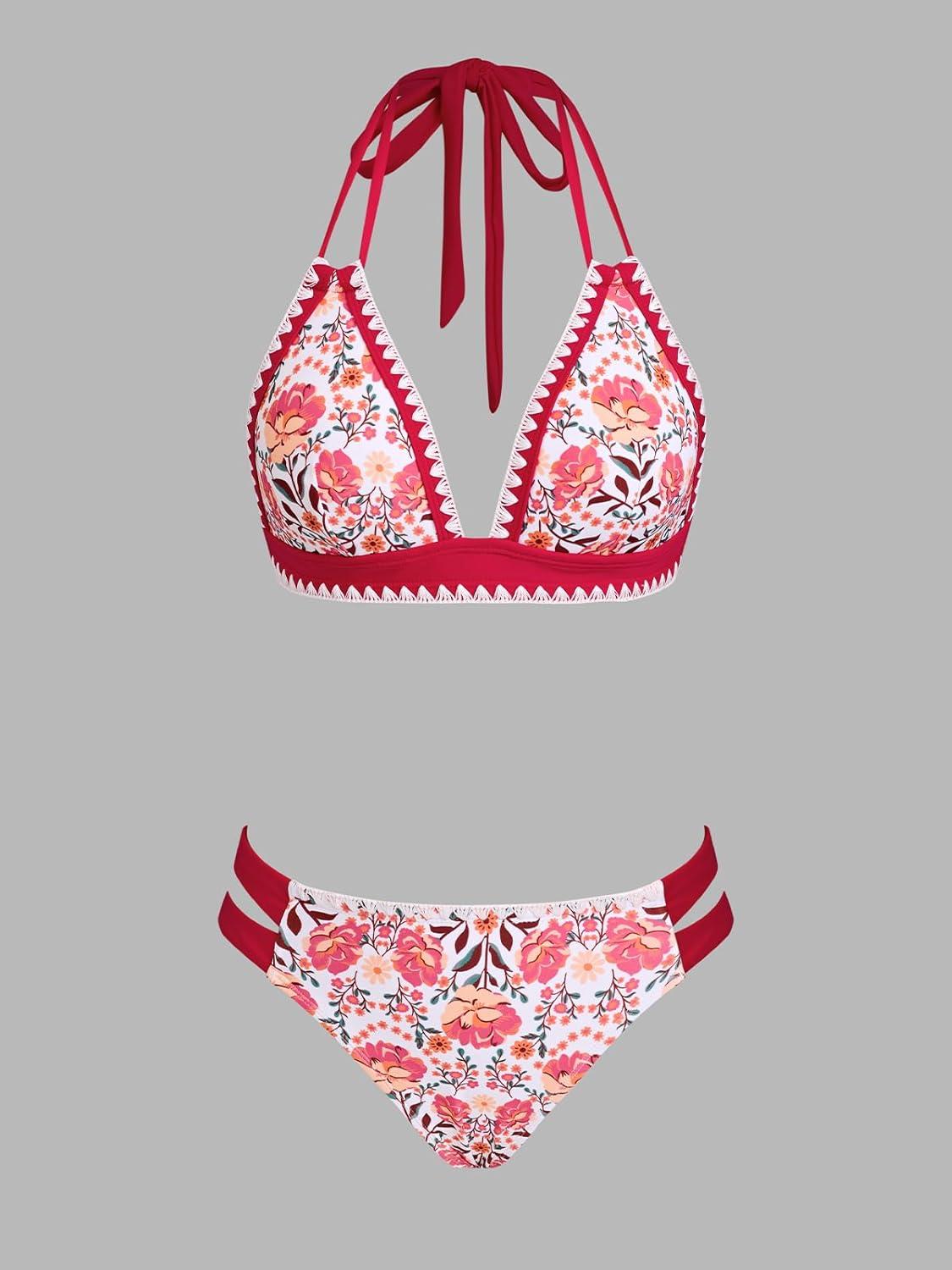 imageCUPSHE Womens Bikini Sets Two Piece Swimsuit Halter V Neck Back Hook Cutout Stitching Cheeky BottomRed Floral